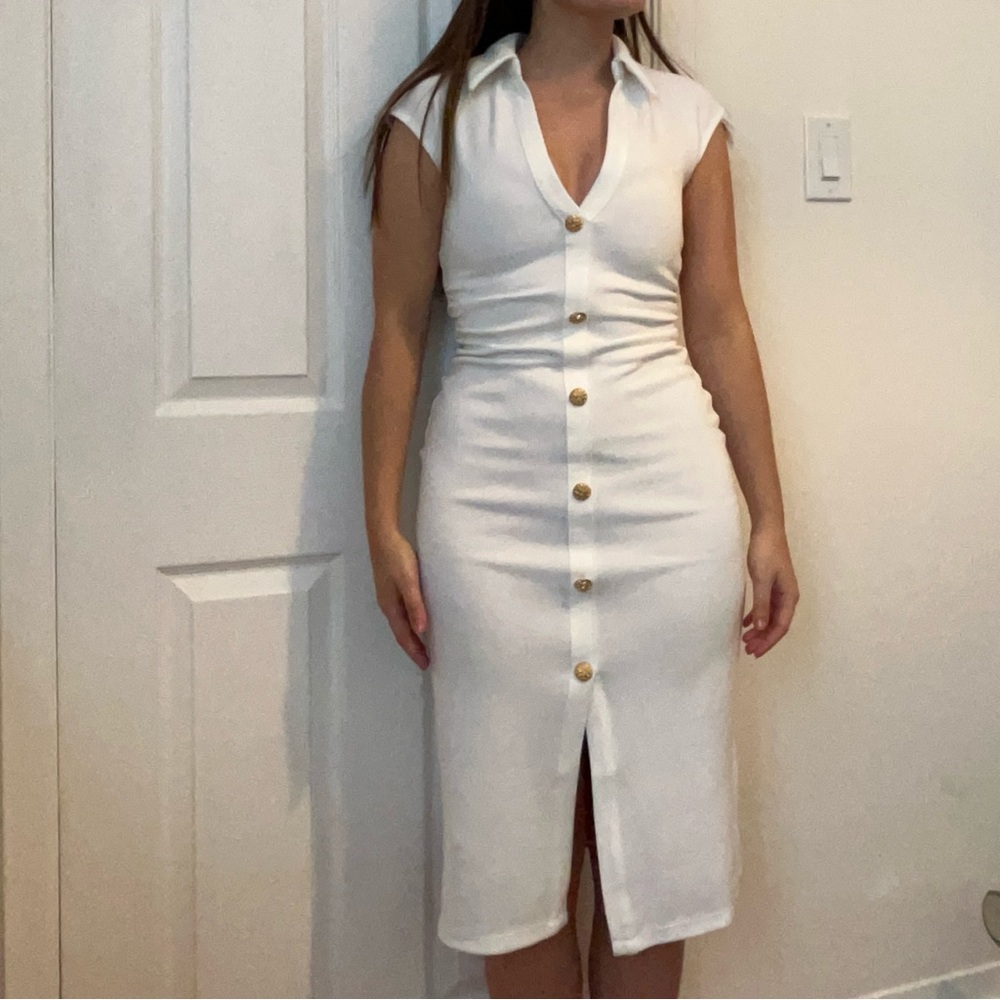 Zara White Collared Button-Front Midi Dress - Picture 2 of 4